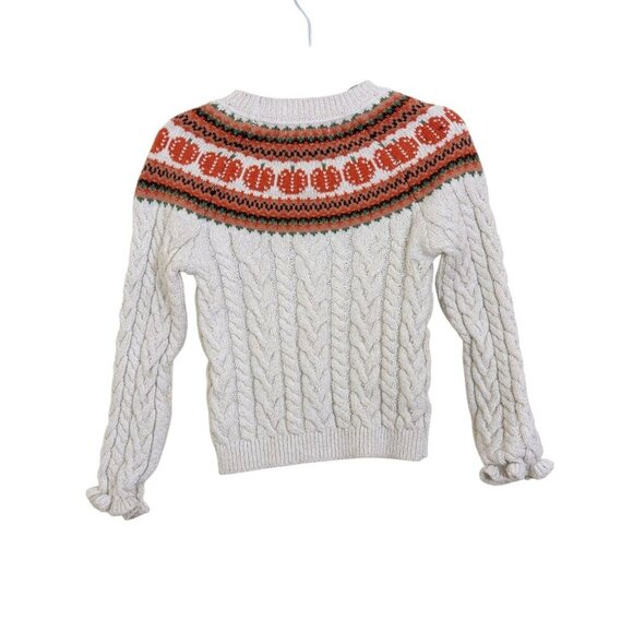 Cynthia Rowley Girls XS 4 Sweater Pumpkin Print Beige Cable Knit Sparkle Ruffle - Picture 2 of 5